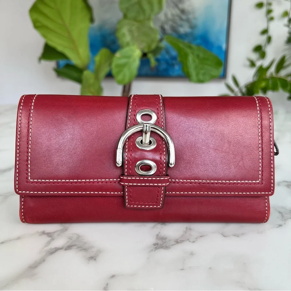 COACH Vintage Y2K Soho Long Checkbook Buckle Wallet Red Leather Silver Trifold